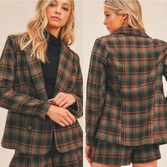 Lush Womens Business Preppy Plaid Wool Blend Double Breasted Blazer Jacket S - Picture 1 of 7